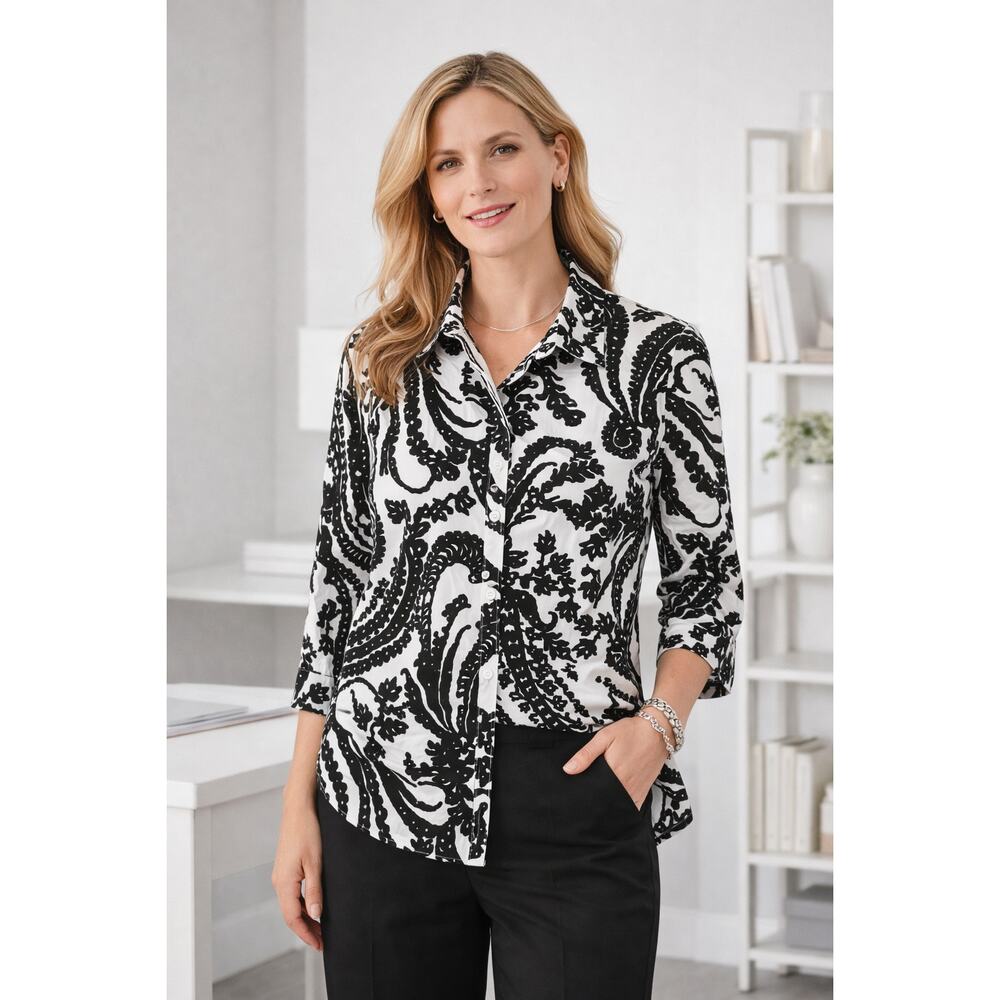 Chicos Womens Button Down Top Size 1 Paisley Office Business Work Neutral
